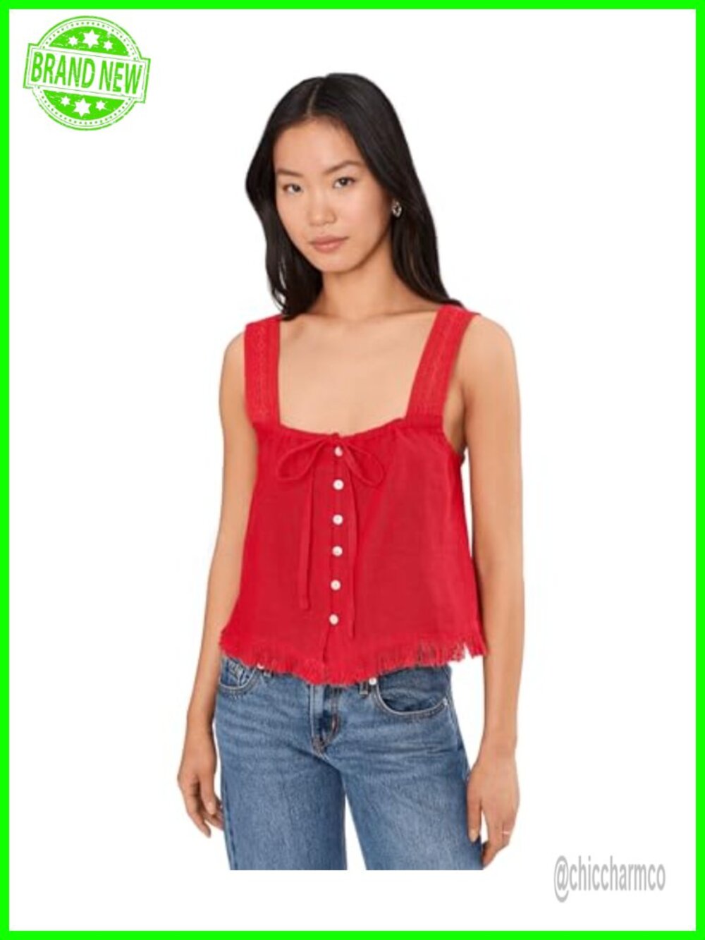 Linen Tank Top Sleeveless Square Neck Button Front Fringe Hem